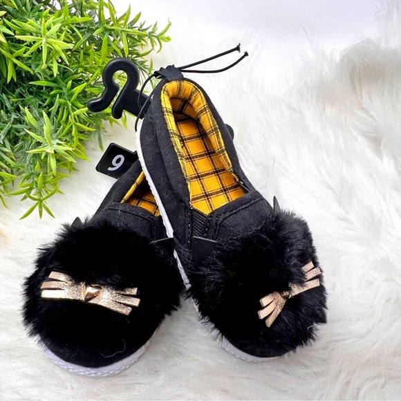 Baby Girl Wonder Nation Black Furry Slip On Kitty Cat Shoes Size 6 - Picture 2 of 6